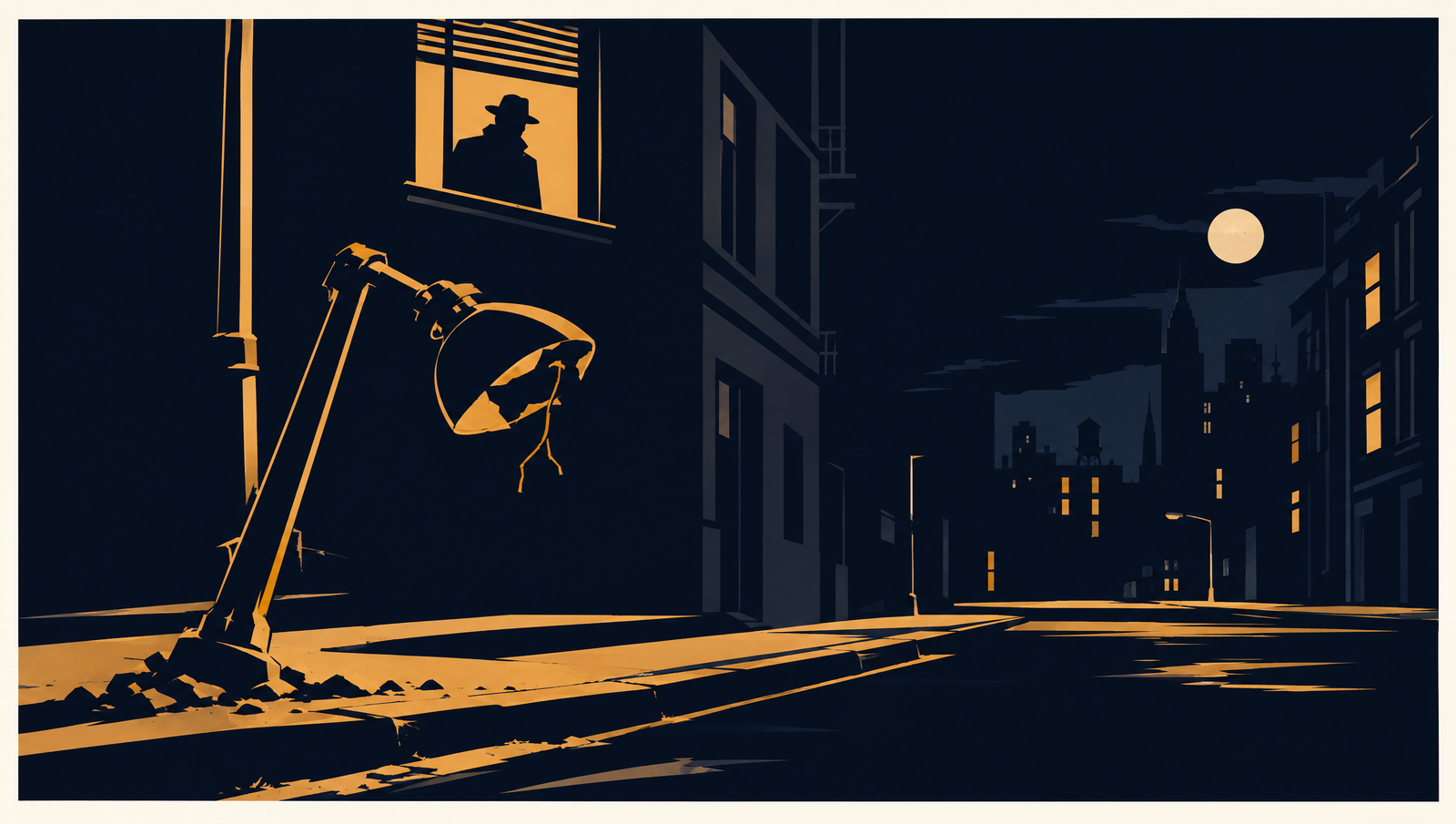 Calle de noche con una farola rota y una persona asomada a una ventana